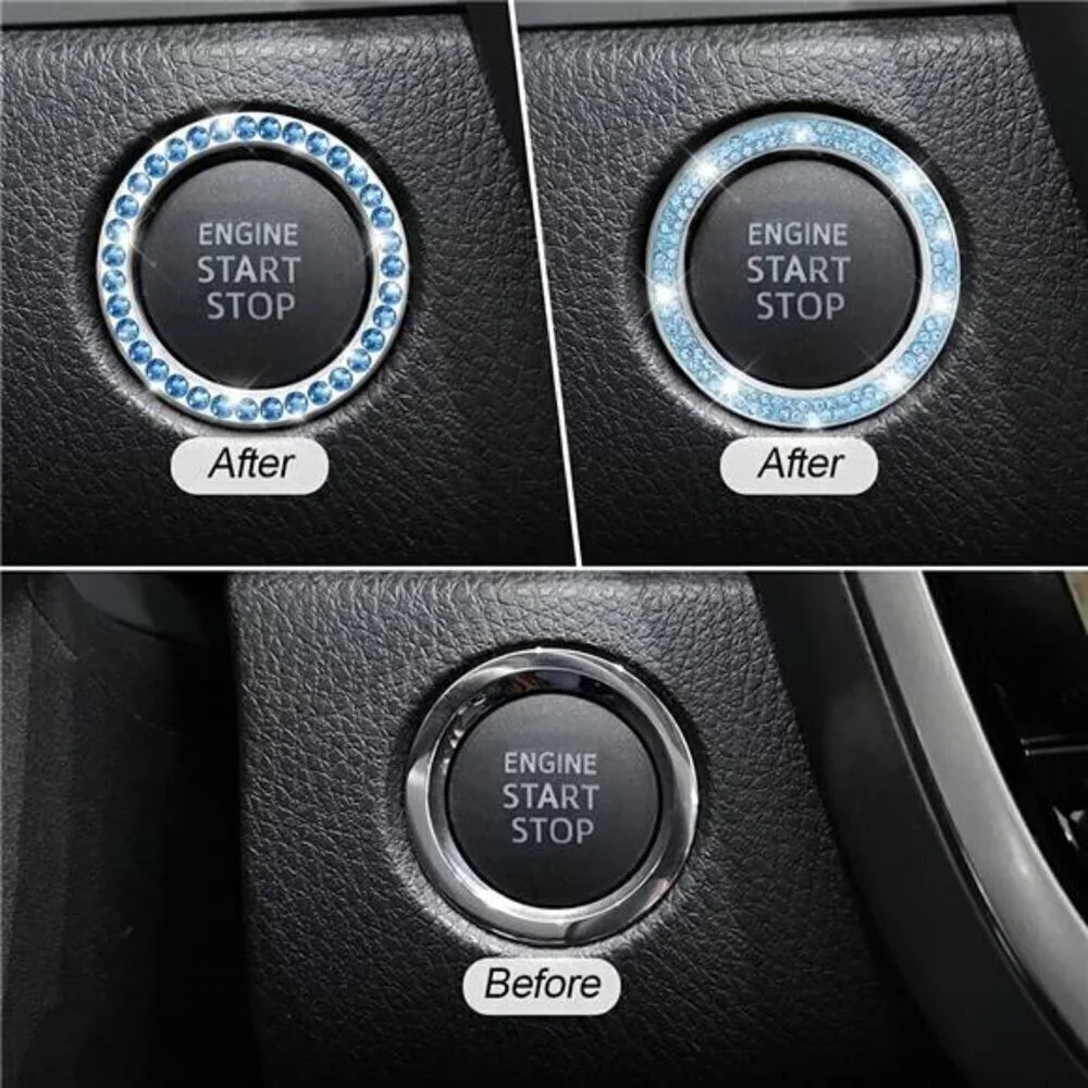 Car Start Button Bling Rhinestone Diamond Engine Button Ring 2-Pack Blue - Picture 5 of 8